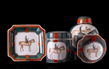 WBI Porcelain Equestrian Tea Jar & Plate Set – Handpainted Horseback Rider China