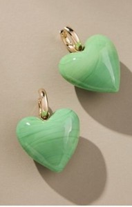 Authentic Anthropologie Icon Heart Charm Huggie Hoop Earrings Green 14k Gold Plated