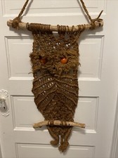 Vintage 1970's Boho Macrame Jute Bead Owl Wall Hanging Decor Folk Art