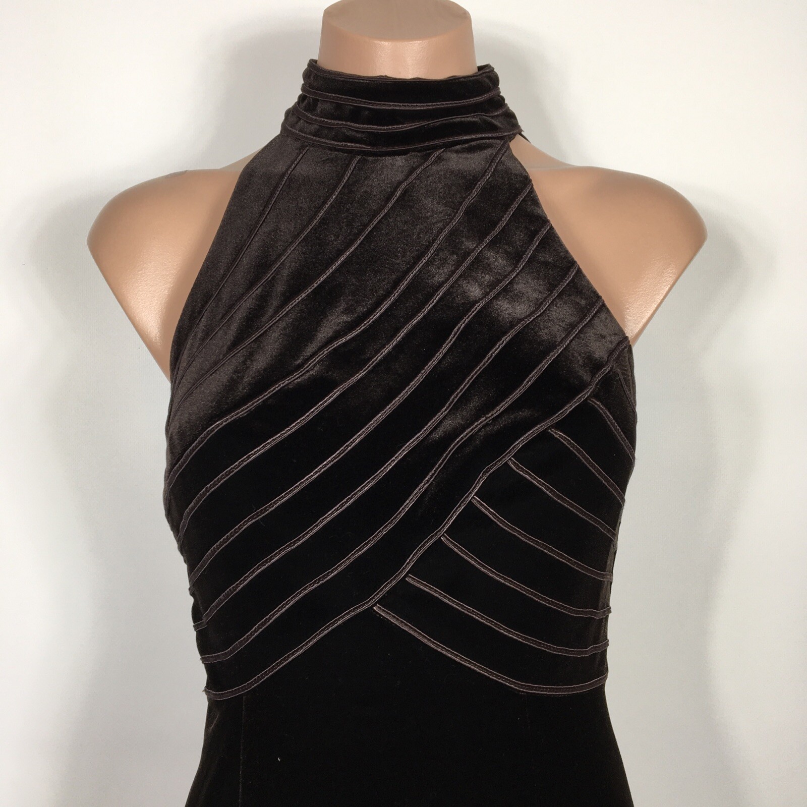 Vtg HUGO BUSCATI Brown Velvet Caged Halter Slit C… - image 2