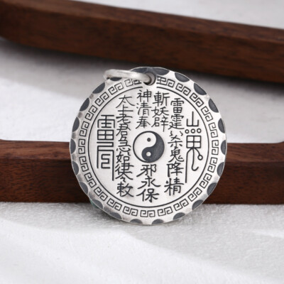 999 Fine Silver TAOIST BAGUA YIN YANG Amulet Pendant Protection Mantra Feng Shui
