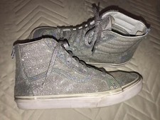 Vans Kids sk8-hi zip Metallic Silver glitter shoes size 7. Lace Up Zip Back. EUC