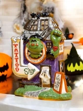 Blue Sky Clayworks Halloween Frankenstein TATTOO SHOP Tea Light Candle House NWT