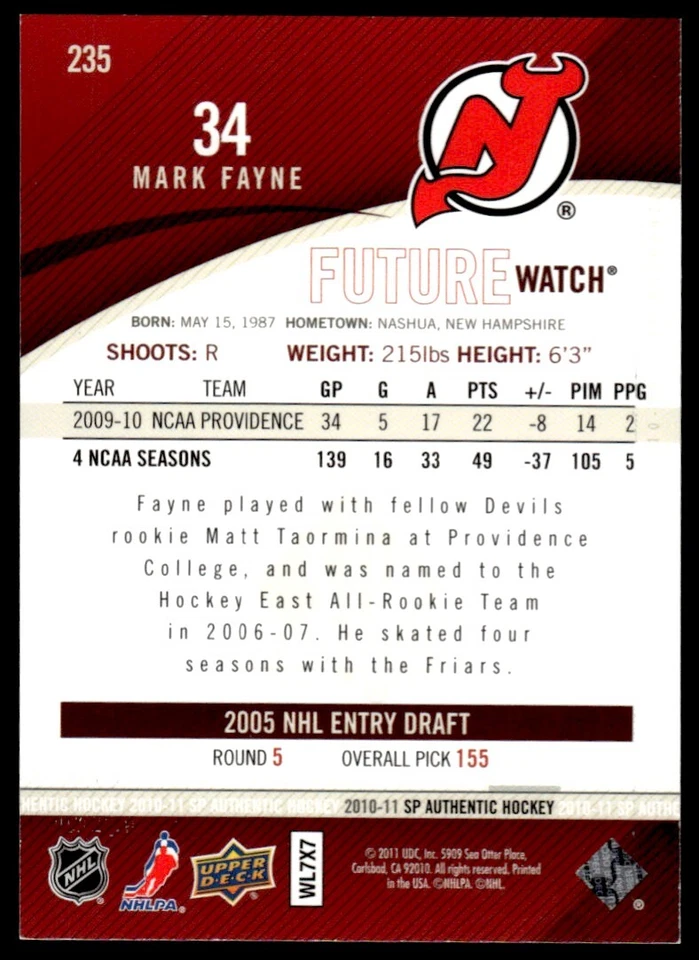 2010-11 SP AUTHENTIC FUTURE WATCH /999 Mark Fayne Rookie New Jersey Devils #235 - Image 2 of 2