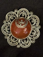 Vintage Amber And Silver Filagree Pin Or Pendant. Worn As Pin Or Pendant.