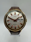 VINTAGE TIMEX 1974 DAY DATE SPORT MECHANICAL WIND UP MEN'S GOLDEN LEATHER WATCH