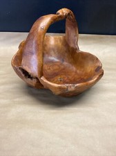 Vintage HAND CARVED Bowl BASKET BURL WOOD Basket 13" Wide Natural Wood Grain