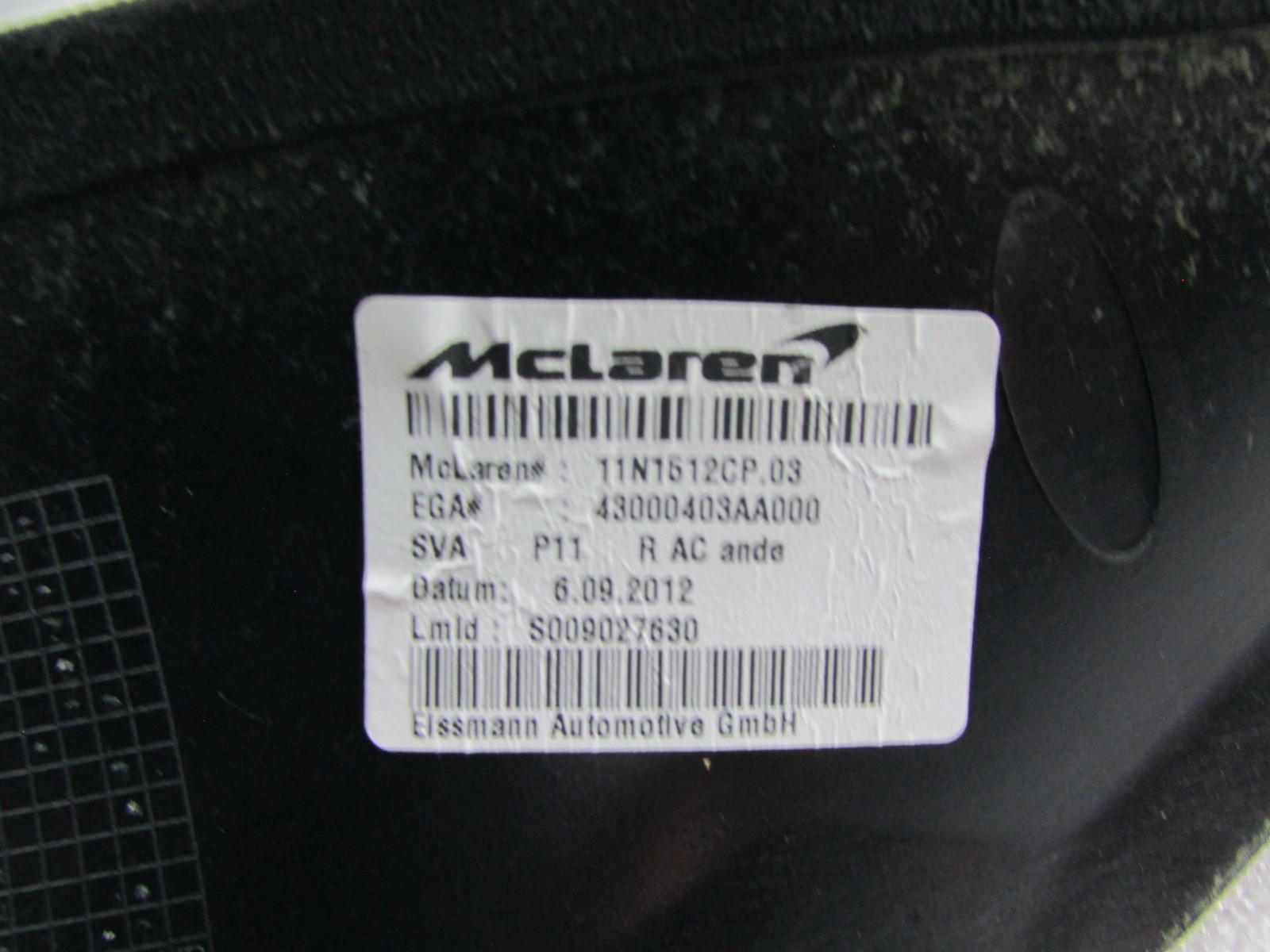 McLaren MP4-12C Spider, Right A-Pillar Interior Trim Panel, Used, P/N 11N1512CP