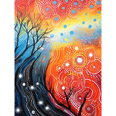 Contemporary Aboriginal Artwork in Blue and Orange Huge Wall Art Print 18X24 In