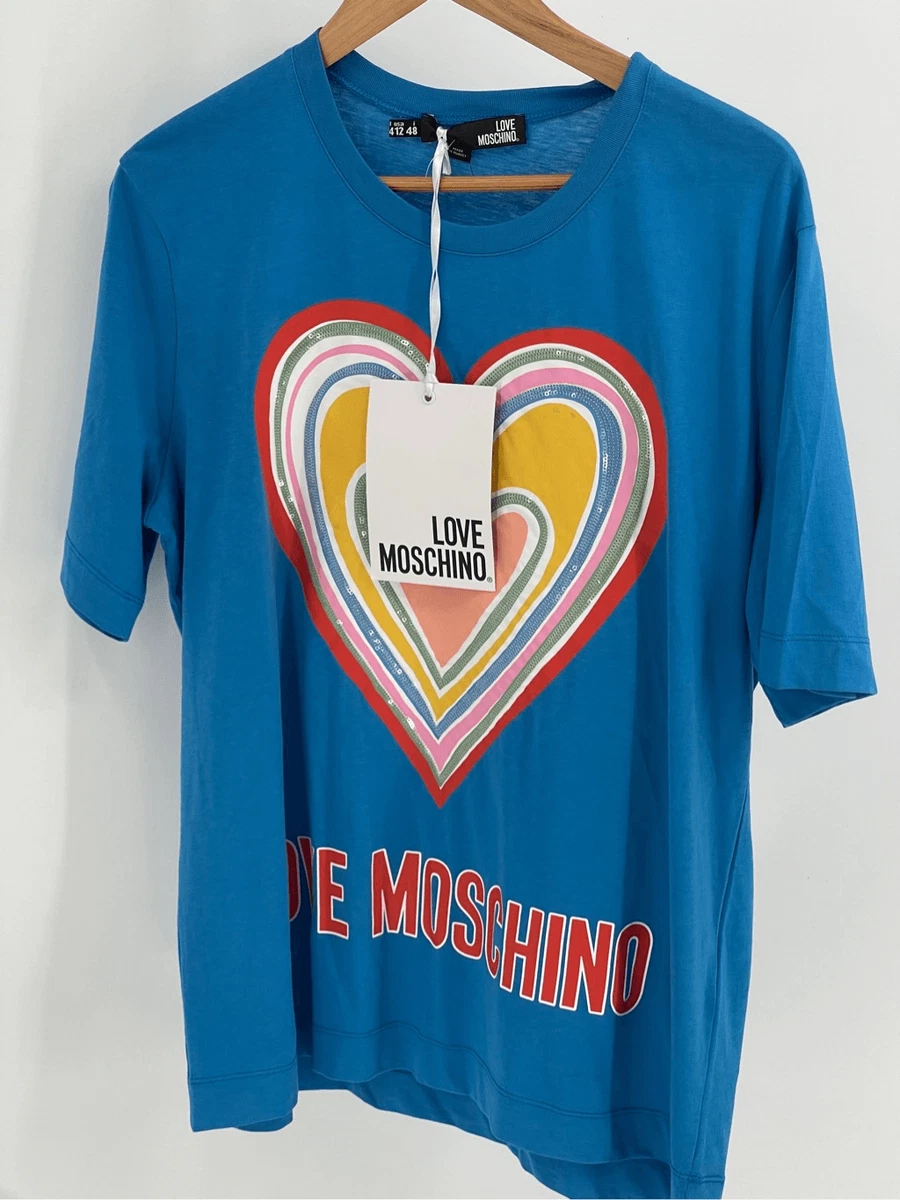 Love Moschino T Shirt Women s Size 12 It 48 Blue Heart Sequins New
