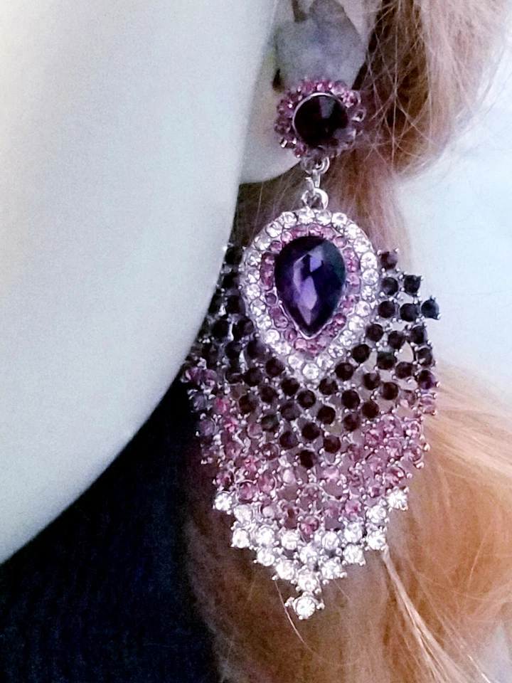 Purple Peacock Feather Chandelier Earrings Rhinestone Austrian Crystal 3.1 in - Image 4 of 4