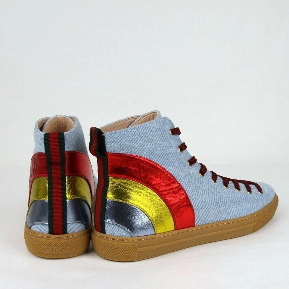Baskets hautes en denim chat en colère Gucci modèle « arc en ciel » SKU 450887 K5G50 4969