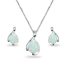 Simulated White Opal Teardrop 925 Silver Pendant Necklace & Stud Earrings Set
