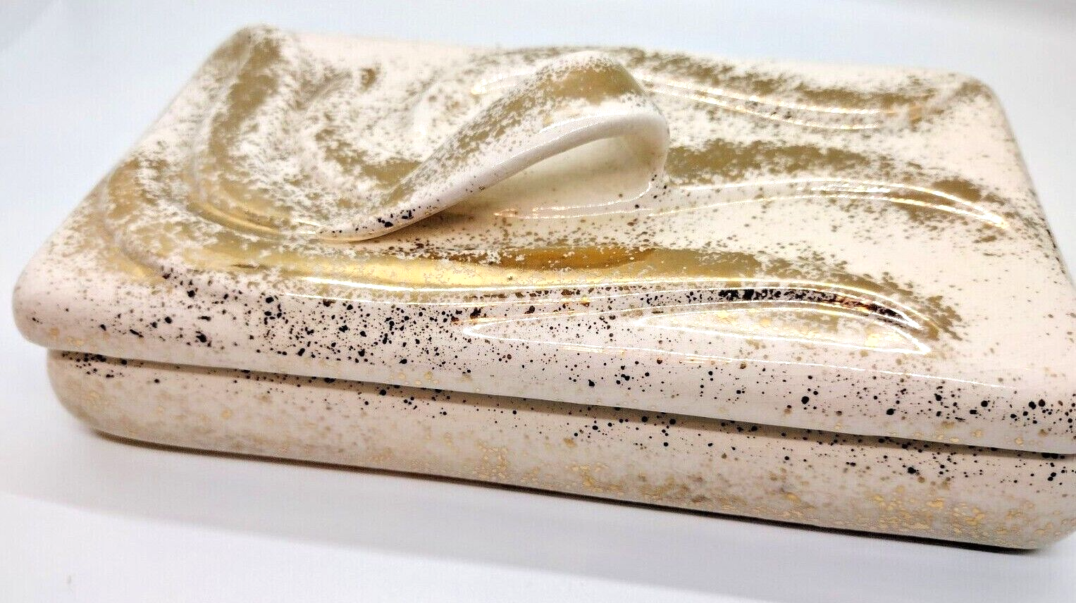 Handmade Art Pottery Trinket Box, Gold Splatter Paint, Signed, Abstract Design