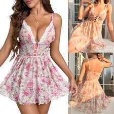 Women Floral Print Lace V Neck Sleeveless Slip Dress Lingerie Chemise Nightgown