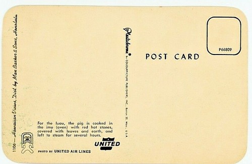 United Airlines, UAL,c1960 Vtg Postcard, Hawaii Luau roast pig imu, BN3 chrome - Picture 2 of 2