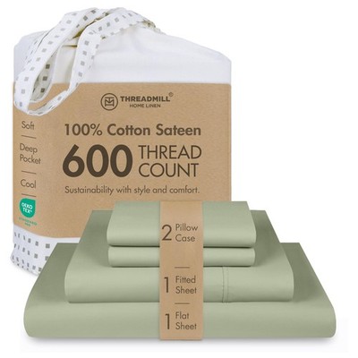 Queen Sheets 600 Thread Count 4 Piece Cotton Sateen Sage Green Threadmill Size