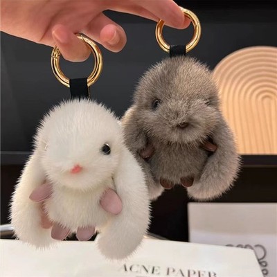 Cute Fluffy Rabbit Keychain Ring Plush Pompon Bunny Bag Pendant For Couple Gift