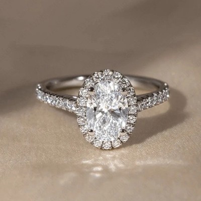 2.35 TCW Oval Cut Moissanite Halo Engagement Ring Solid In 14k White Gold Plated
