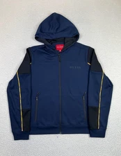 Guess Hoodie Mens Medium Blue Full Zip Knit Logo Tape Sleeve Sweatshirt Jacket