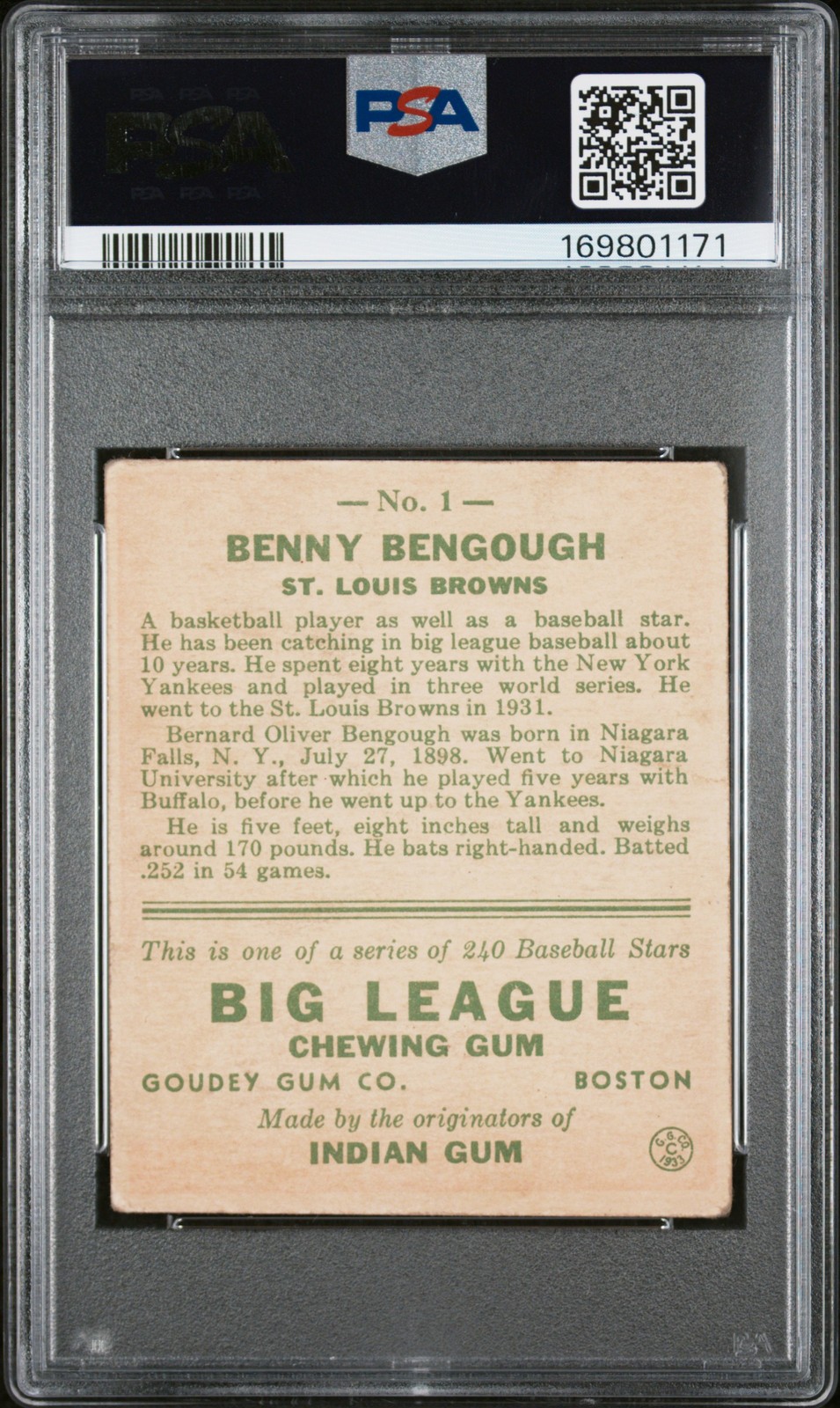 1933 GOUDEY #1 BENNY BENGOUGH PSA 2.5 view 2
