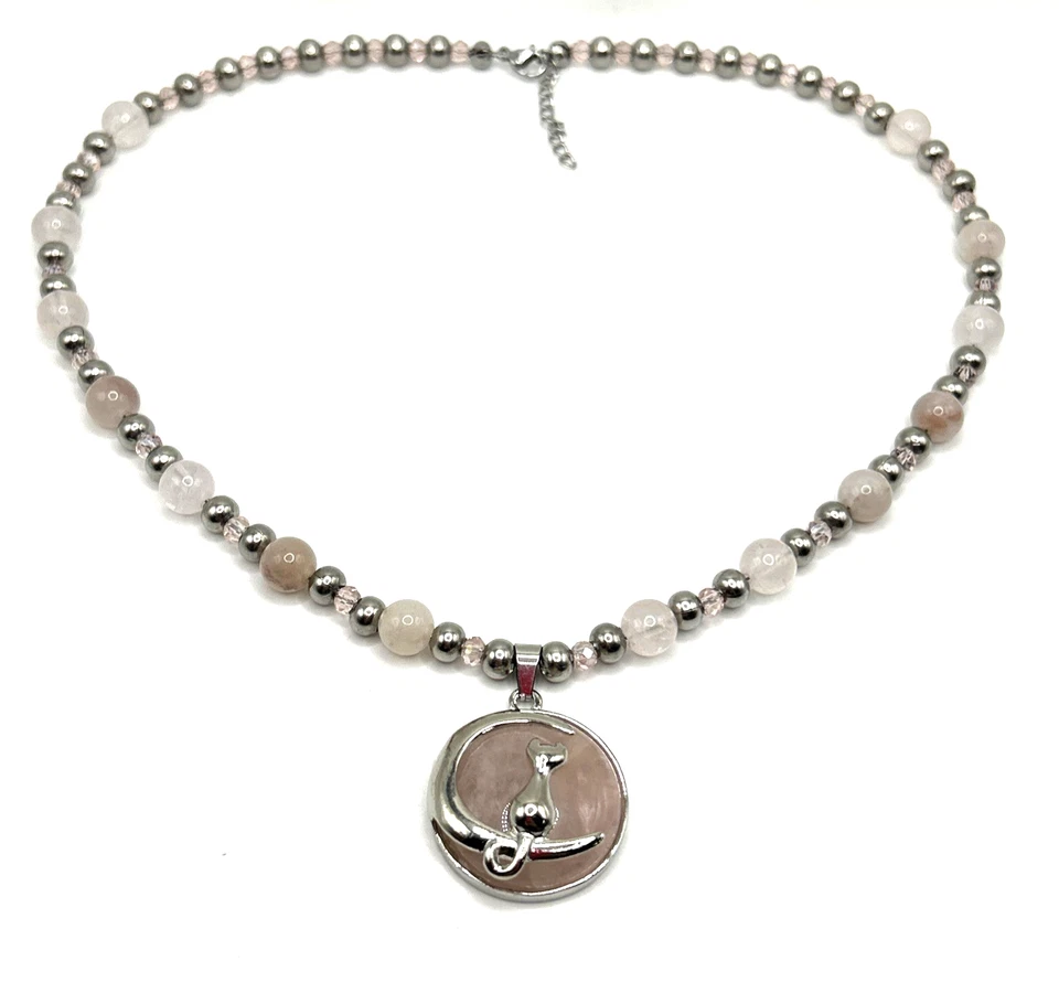 18英寸(+2英寸)正品玫瑰石英猫新月吊坠串珠项链 — 第 2/4 张图片