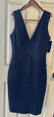 Betsy & Adam Bandage Bodycon V Neck Quiet Luxury Minimalist Dress Sz 8 Navy