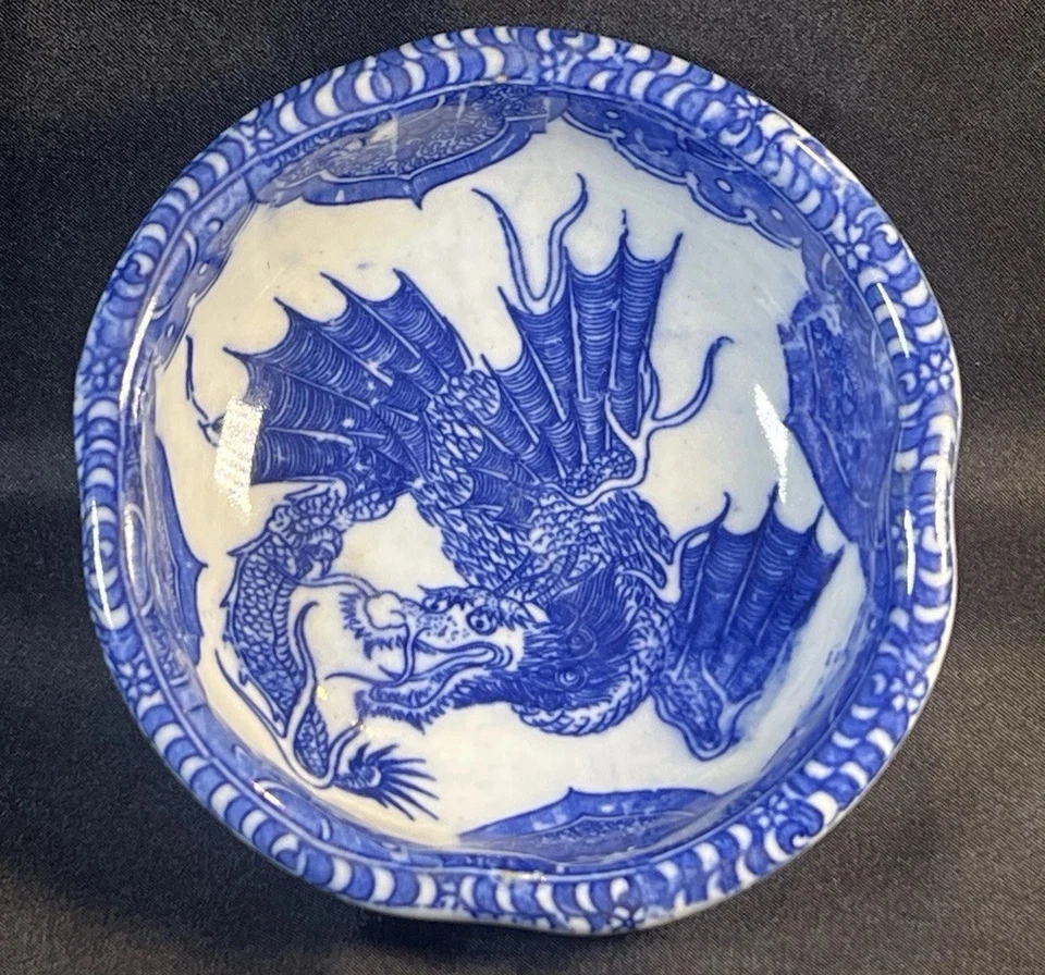 "Antiguo cuenco chino dragón azul y blanco 4,5 x 1,5""" Foto 4 de 4