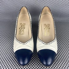Vintage Salvatore Ferragamo Heels Womens 7 AAA Cream Blue Leather Made in Italy