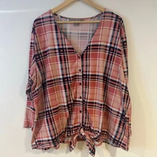 BY DESIGN 2X Super Soft Pink Plaid Button Up Tie Detail Bell Sleeve Lightweight 