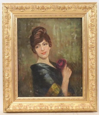 Junge Frau mit roter Rose Ölgemälde Monogrammist L.V. 19.Jhd mit Rahmen