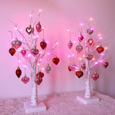 Valentines Day Lighted Birch Trees, 2 Pack with Hanging Heart Ornaments
