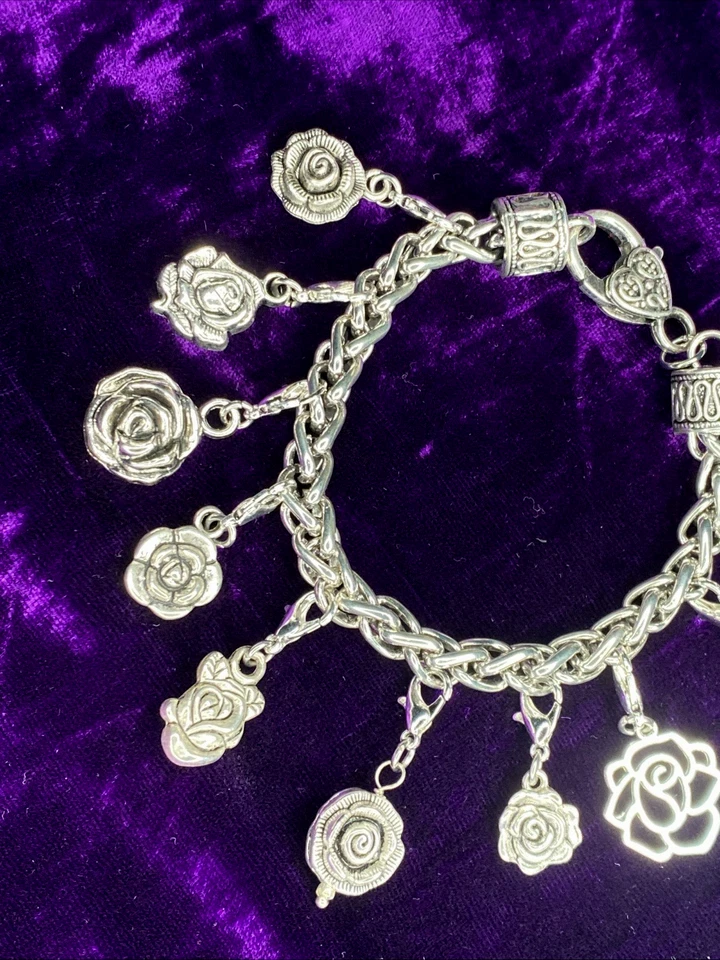 Roses Charm Bracelet Silver Pewter interchageable Charms 8" Flowers Valentine - Image 4 of 4