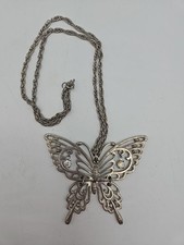 Vintage Rafaelian Big Statement Articulated Butterfly Necklace Silver Tone 24"