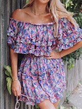SHEIN Pink Purple Floral Off-the-Shoulder Ruffled Tierd Mini Dress Small