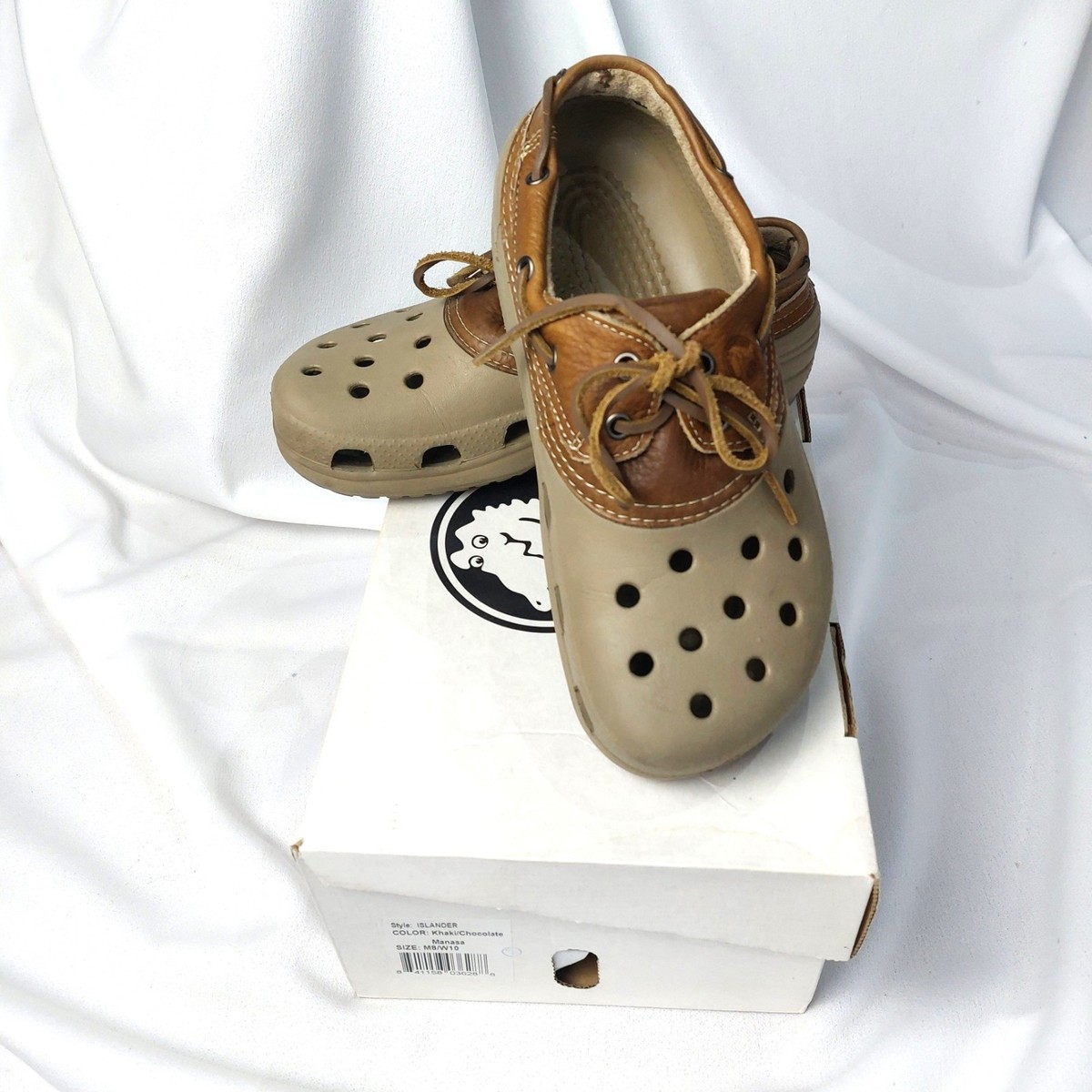 CROCS Islander Pitcrew Boat Shoes Brown Leather Top Lace Up, W/BOX