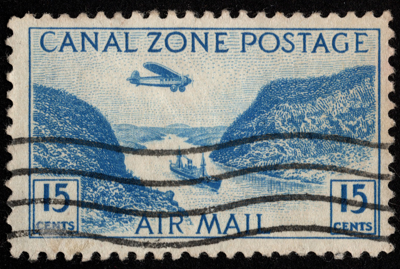 Canal Zone Airmail Stamp Scott # C10 - 15 Cents Blue Airplane Over Gaillard Cut