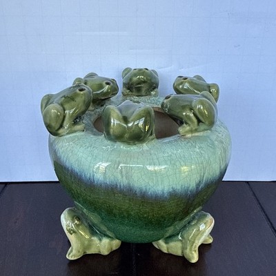 Vintage Majolica Frog Planter Turquoise/Green Handmade Pottery Dish Vase