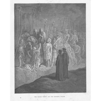 GUSTAVE DORE Römische Witwe & Kaiser Trajan, Dantes Purgatorium - alter Druck um 1880