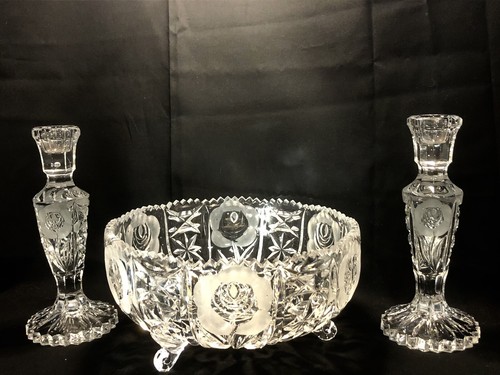 Leonard Cut Crystal Rose Sawtooth Footed Bowl With Matching Candle Sticks Italy