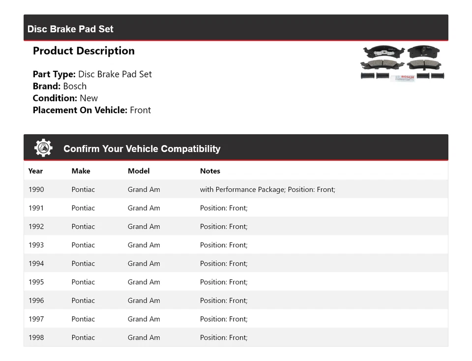 Керамические передние тормозные колодки QuietCast 1991 для Pontiac Grand Am Bosch 1990-1998 годов выпуска - Изображение 2 из 4