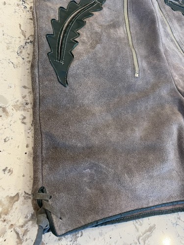 Lederhosen Traditional Suede Gray W/Green Leather Accents Shorts Vintage - Picture 4 of 11