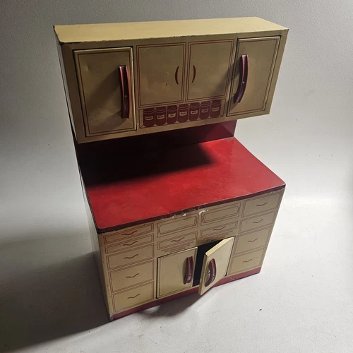 Vintage 50s Wolverine Tin Litho Red & White Kitchen Cabinet Child Lg Toy Playset