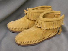MINNETONKA Children Size Leather Moccasins with Fringe  Zipper in Back