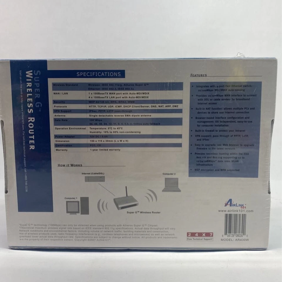 Airlink 101 Super G Wireless Router Gray 802.11a 4 Ports AR430W 108 Mbps New - Image 3 of 4