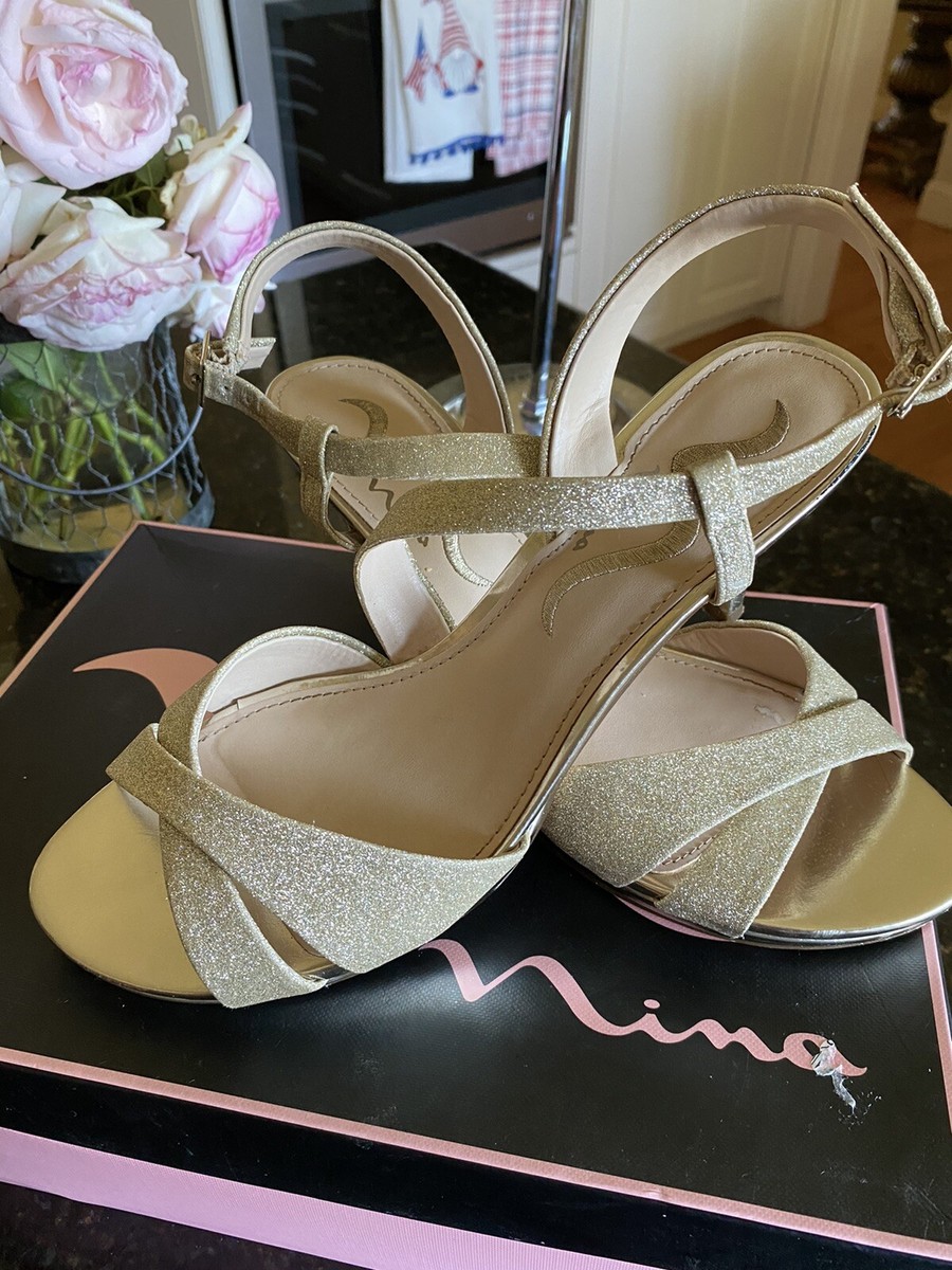 gold strappy dress shoes Caparros Strappy Gold Sparkling 3.5" Heels Pump Evening Dress Shoes 7B