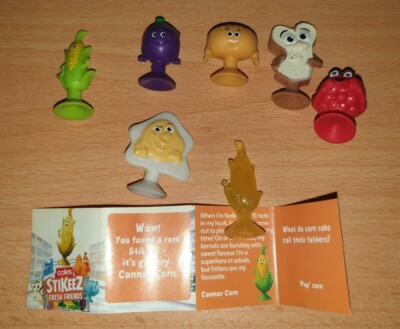 7x Coles Stikeez Glittery Connor Corn, Plum, Roll, Egg, Bread, Raspberry