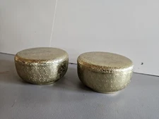 Pair Of CB2 Round Textured Hammered Brass Trinket Boxes With Lids