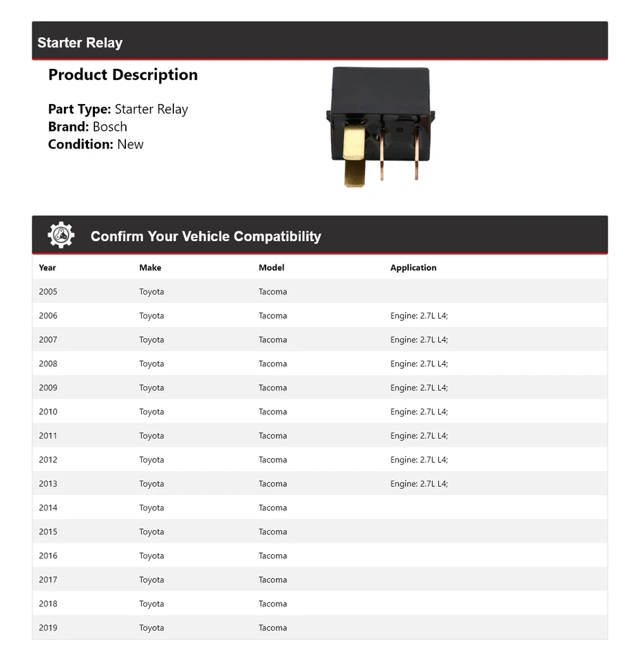 Para 2005-2019 Toyota Tacoma Bosch Starter Relay 2006 2007 2008 2009 2010 2011 - Imagem 2 de 4