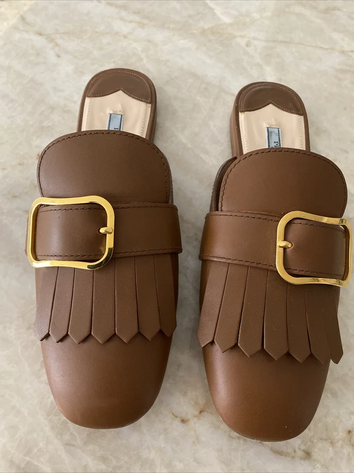 Prada Kiltie Fringe Brown Leather Fringe Buckle Flats Mule Loafer 39 FIT 8/8.5